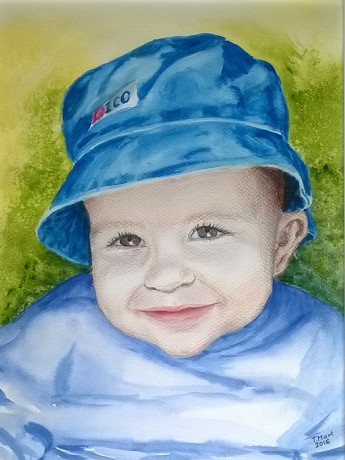 Kubíček v klobouku - akvarel a suchý pastel 30x40
