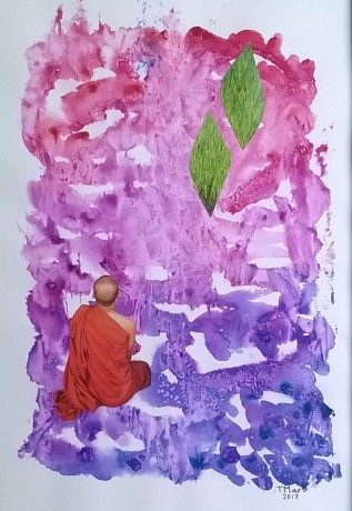 Meditace - akvarel + koláž 20x30